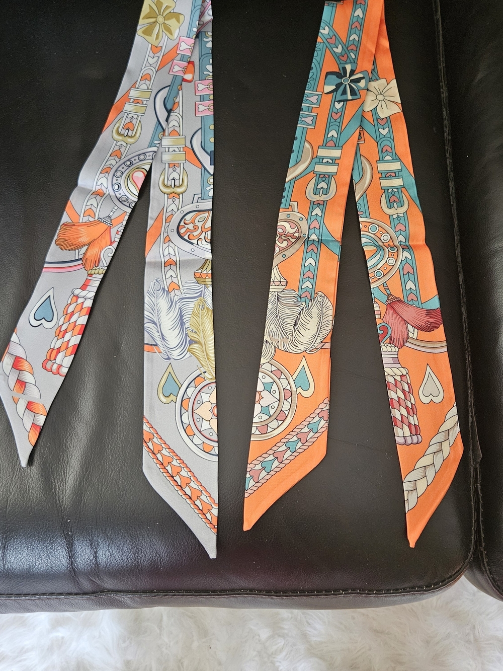 Hermes Like Orange and Gray Twilly Scarf, Head And Bag Accessories. Set Of 2.